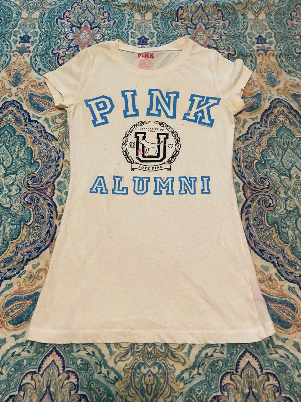 PINK Victoria's Secret White Tee with Blue 'PINK Alumni' Graphic